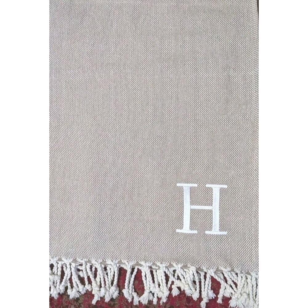 Mudpie Initial H Throw Blanket Woven Fringe 70"X50" Herringbone Monogram - Picture 2 of 11